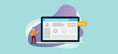 Comic Mensch zeigt Statistiken auf dem Laptop