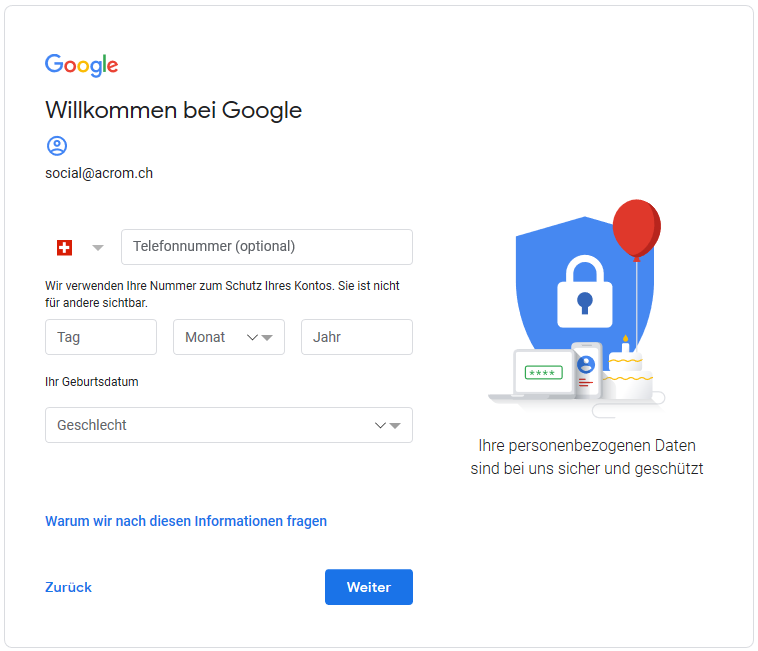 Google Registration abschliessen