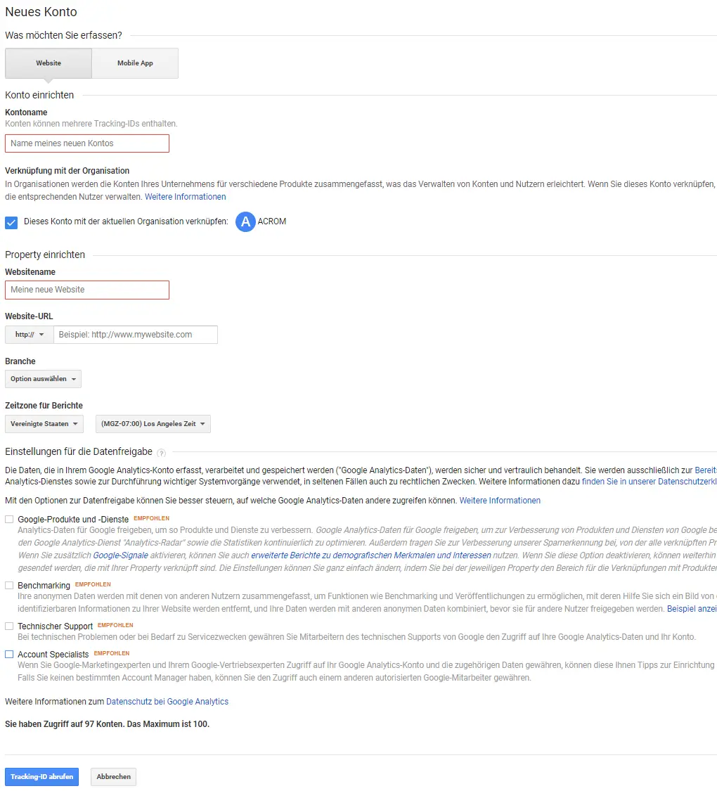 Neues Google Analytics Konto eröffnen