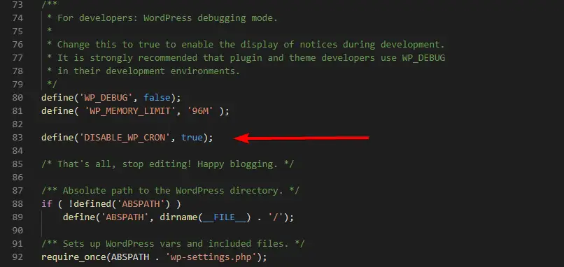 Cron Jobs in Wordpress - wofür ist das? 1 Ein Screenshot eines Code-Editors. Ein roter Pfeil zeigt auf die entsprechende Zeile, welche im obigen Text erwähnt wird.