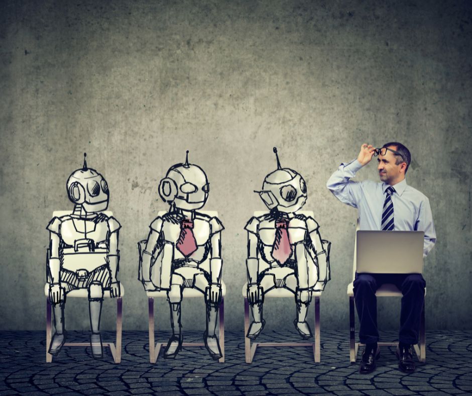 Automatisierung durch KI, Mensch vs. Maschine, Mann und Roboter sitzend auf Stühlen