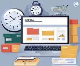 Magic Media KI Bild von Webshop-Inkasso, Laptop mit überfälliger Rechnung und Uhr