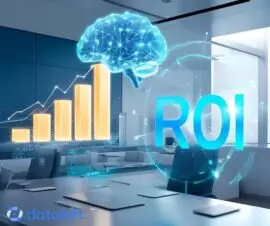 ROI von KI-Tools, futuristisches Büro mit ROI Grafik und neuralem Netzwerk