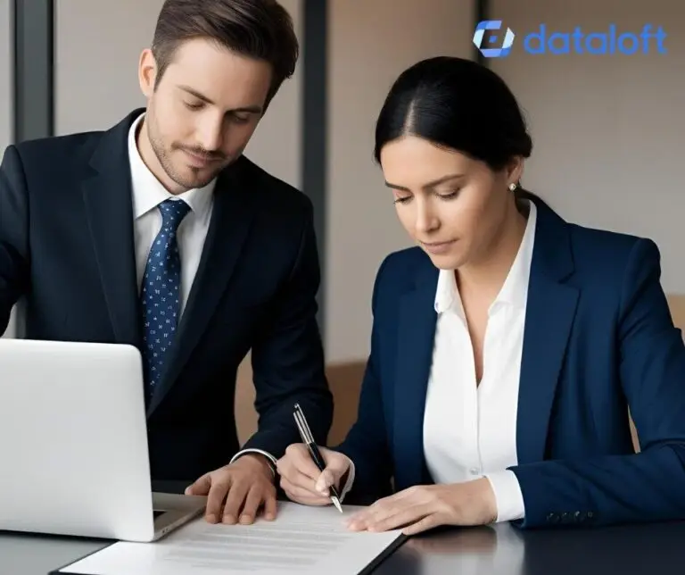 Mann und Frau am Schreibtisch mit Laptop unterzeichnen Unterlassungsvereinbarung