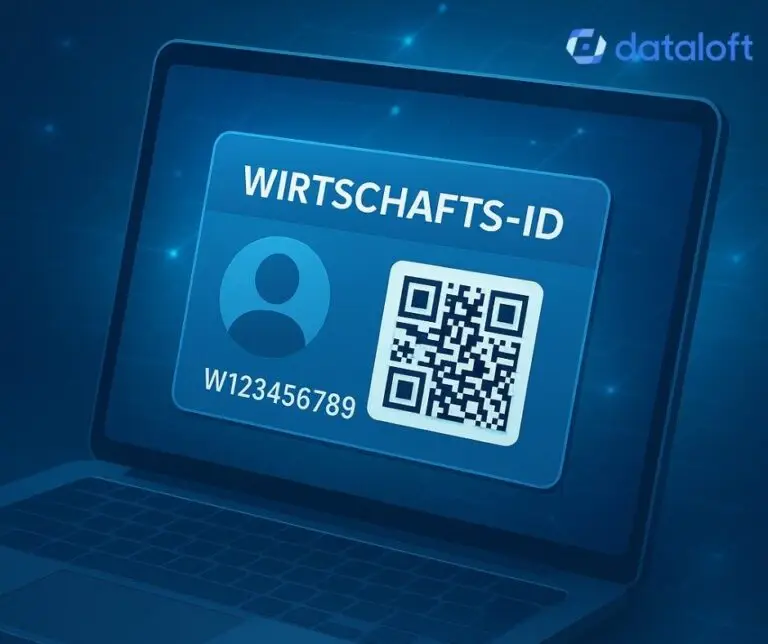 Symbolfoto für Wirtschafts-ID Deutschland Profil mit QR Code auf Laptop Bildschirm