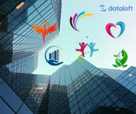 Von-Unten-Sicht auf Himmel zwischen Wolkenkratzern, beliebige Markenlogos am Himmel verteilt, Markenrecht bei KI generierten Logos