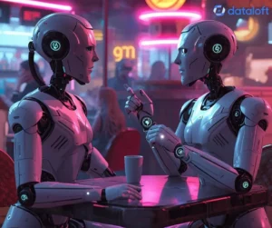 zwei roboter treffen bar diskutieren dialog — Moltbook: Wenn KI lieber unter sich bleibt