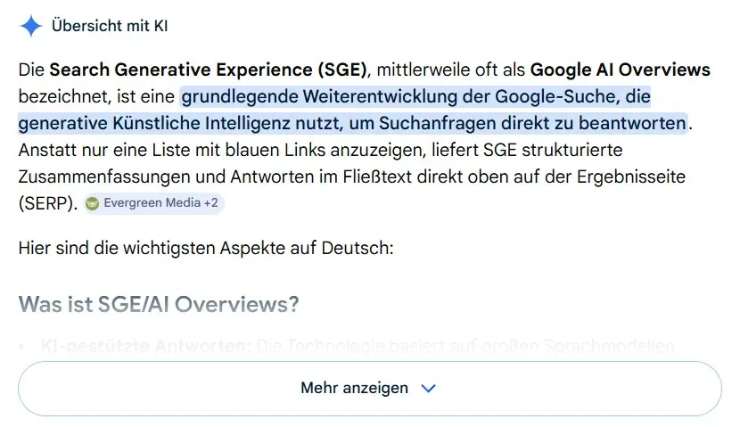 Screenshot Google-Suche Search Generative Experience deutsch AI Overview