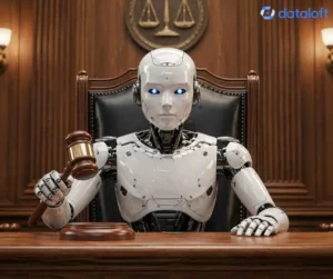 roboter gerichtssaal richterpult richterhammer gesetz — EU KI Verordnung einfach erklärt: Was bedeutet sie konkret für dein Unternehmen?