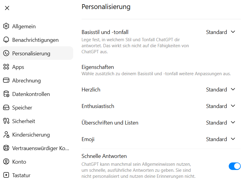ChatGPT Personalisierung Menü Einstieg Screenshot