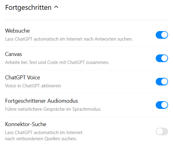 ChatGPT Personalisierung Menü Fortgeschritten Screenshot