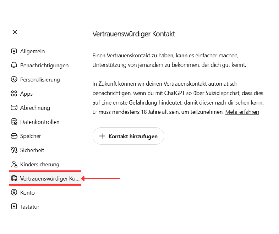 ChatGPT Vertrauenswürdiger Kontakt Menü Screenshot markiert