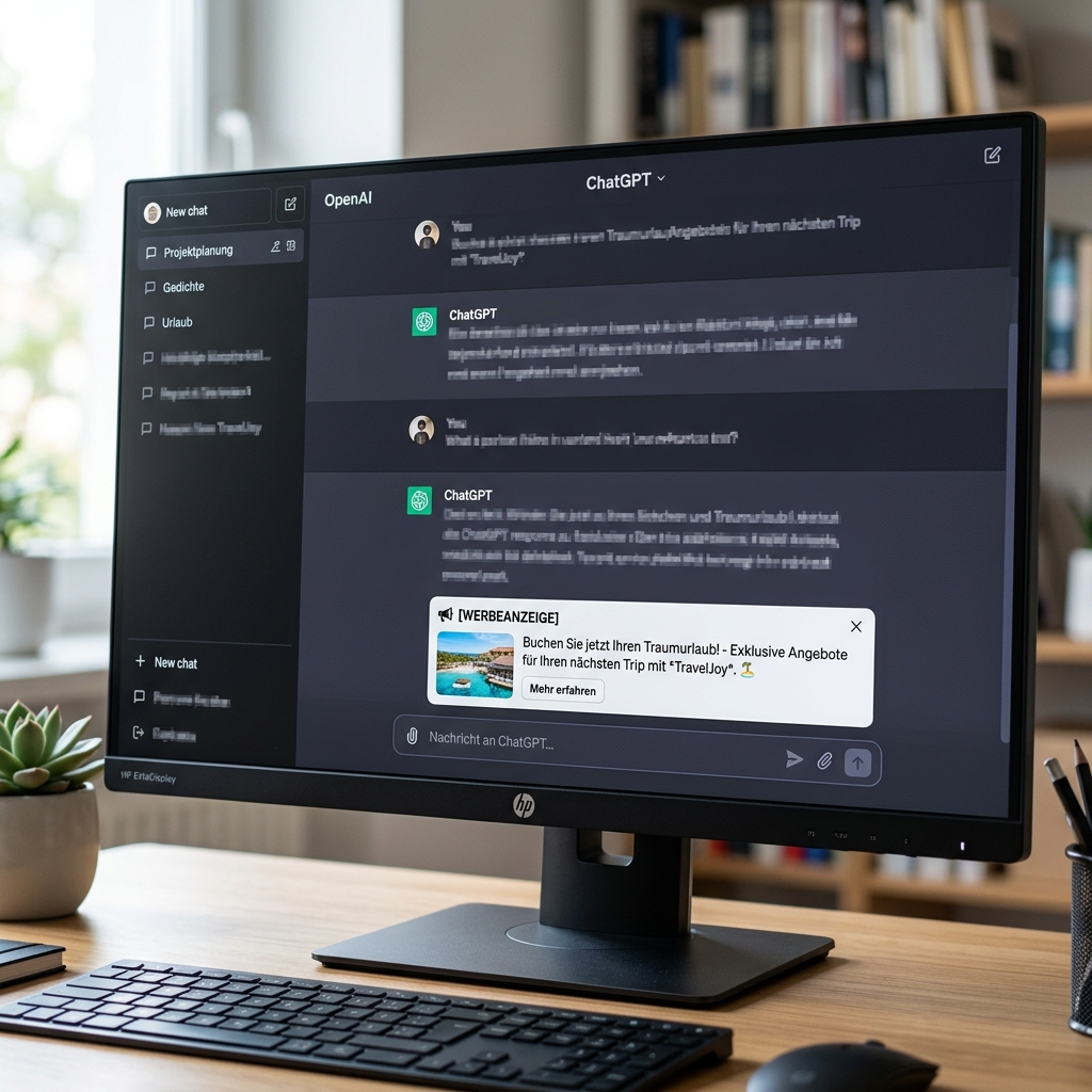 ChatGPT Werbung Werbeanzeige innerhalb ChatGPT auf Computerbildschirm