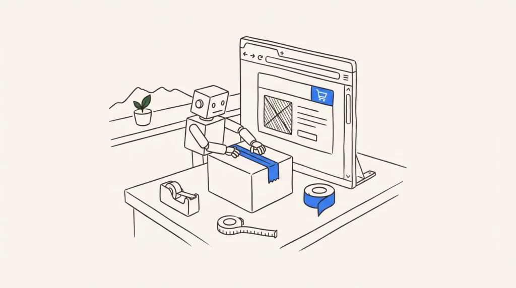 Werkstatt-Roboter klebt ein Paket zu, daneben ein Browserfenster mit Produktkarte und Warenkorb.