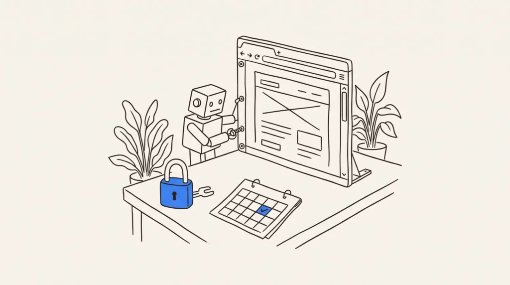 Werkstatt-Roboter zieht an einem Browserfenster eine Schraube nach, daneben Schloss und Kalender.